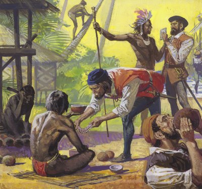 Os homens de Magalhães encontram nativos amigáveis nas Filipinas e trocam alimentos de Severino Baraldi