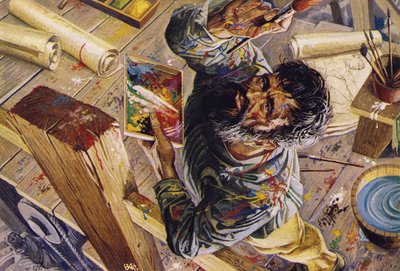 Miguel Ângelo a trabalhar no teto da capela Sistina (litografia a cores) de Severino Baraldi