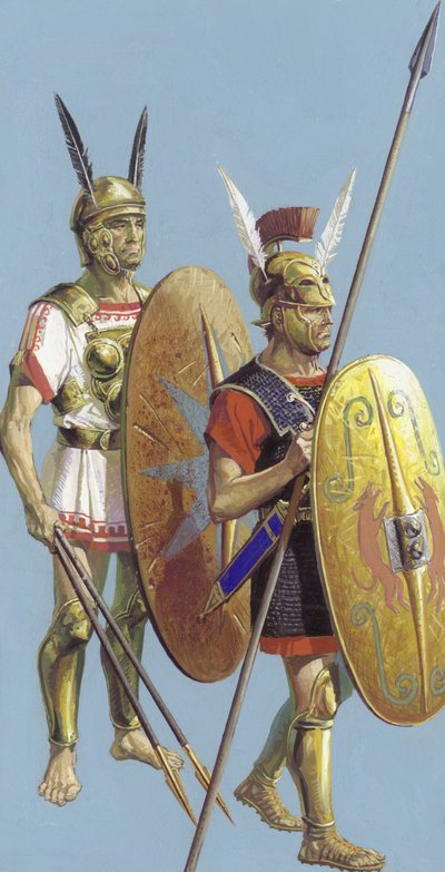 Soldados samnitas e romanos (guache sobre papel) de Severino Baraldi