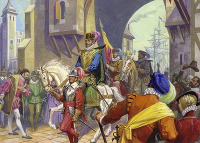 Sir Francis Drake a chegar a Plymouth (guache sobre papel) de Severino Baraldi