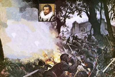 Os homens de Sir Walter Raleigh atacam um forte espanhol de Severino Baraldi