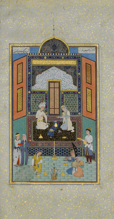 Bahram Gur no Palácio Branco na sexta-feira, Fólio 235 de um Khamsa..., A.H. 931A.D. 1524-25 de Shaikh Zada