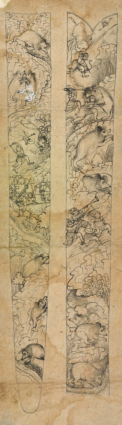 Um rajá caçando javalis, desenho para uma bainha, c.1750-1760 (aguarela opaca sobre papel) de Shevdar (attr.to) Gangeyagi