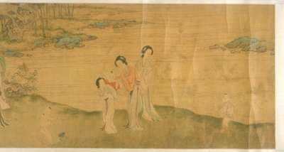Mulheres e Crianças num Jardim (tinta e cor sobre seda) de Shi Wang