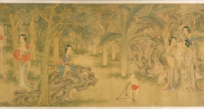 Mulheres e Crianças num Jardim (tinta e cor sobre seda) de Shi Wang