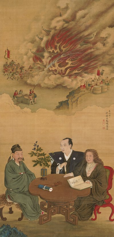 Pergaminho pendurado representando uma reunião do Japão, China e Ocidente, de Shiba Kokan