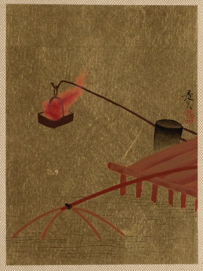 Cesta de fogo suspensa da doca sobre uma rede de peixes na água. de Shibata Zeshin