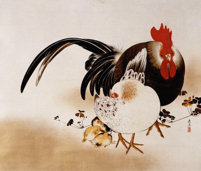 Pergaminho pendurado representando um galo, galinha e pintinhos (laca colorida em papel preparado) de Shibata Zeshin