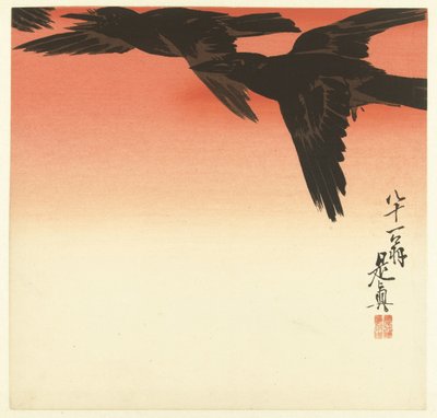 Corvos contra um céu vermelho de Shibata Zeshin
