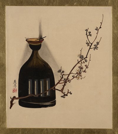 Pinturas em laca de vários assuntos: Ramo de Ameixa com Lâmpada a Óleo, 1882. de Shibata Zeshin