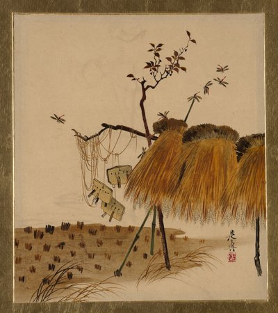 Pinturas em laca de vários assuntos: Pilha de arroz e libélulas, 1882. de Shibata Zeshin