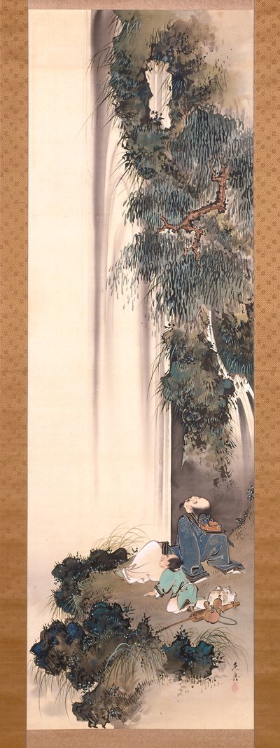 Li Bai Gazing At A Waterfall (tinta e cor sobre seda) de Shibata Zeshin
