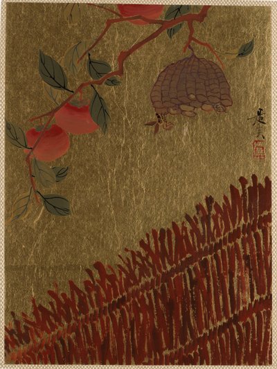 Ramo de caquis e ninho de vespas acima de uma cerca. de Shibata Zeshin