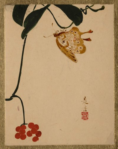 Planta e borboleta vermelhas da baga. de Shibata Zeshin