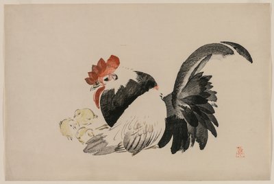 Galo, galinha e pintinhos, c. 1880s. de Shibata Zeshin