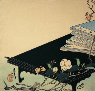 Pilha de livros e flores de ameixa em uma mesa de Shibata Zeshin