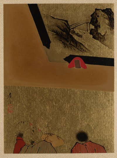 Três homens olhando para o desenho de laca emoldurada. de Shibata Zeshin