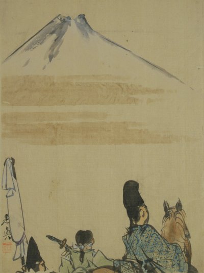Os viajantes perto do Monte Fujiyama, c.1872 (ink & wc no papel) de Shibata Zeshin