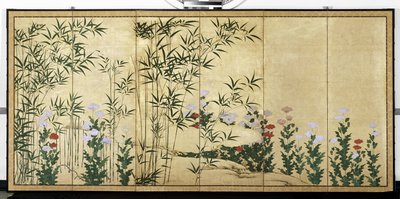 Bambu e papoilas, início do século XVII (par de telas de seis painéis; tinta, cor e ouro
sobre papel) de Shigenobu Kano