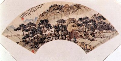 Pequena ponte sobre a correnteza, ventilador dobrável montado como uma folha de álbum, chinês de Shih shu Fang