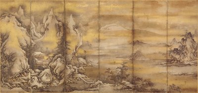 Japonês: 『式部輝忠筆 四季山水図屏風 室町時代 』 Paisagem das quatro estações, um de um par (Museu de Arte Asiática B60D49+) de Shikibu Terutada