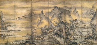 Japonês: 『式部輝忠筆 四季山水図屏風 室町時代 』 Paisagem das quatro estações, um de um par de Shikibu Terutada