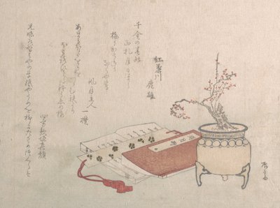 Ameixeira em vaso em flor e livros, século XIX., século XIX. de Shinsai