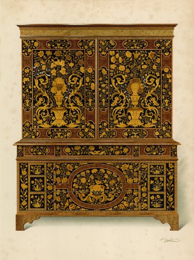 Gabinete Press Incrustado com Marqueterie, propriedade do Marquês de Exeter (cromolitro) de Shirley Charles Llewellyn Slocombe
