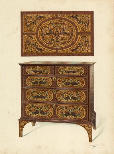 Cômoda Incrustada com Marqueterie (cromolitho) de Shirley Charles Llewellyn Slocombe