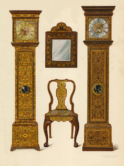 Relógio incrustado com luz Marqueterie, propriedade de Percy Macquoid; Relógio embutido com Dark Marqueterie, Victoria and Albert Museum; Cadeira de nogueira incrustada com marqueterie; Espelho (cromolito) de Shirley Charles Llewellyn Slocombe