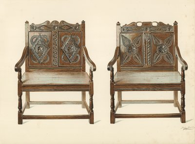 Cadeiras duplas de carvalho (galês), propriedade de H Clarence Whaite (cromolitho) de Shirley Charles Llewellyn Slocombe