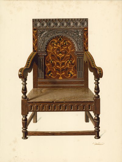 Cadeira incrustada de carvalho, propriedade de Miss Dorothy Chune Fletcher (chromolitho) de Shirley Charles Llewellyn Slocombe