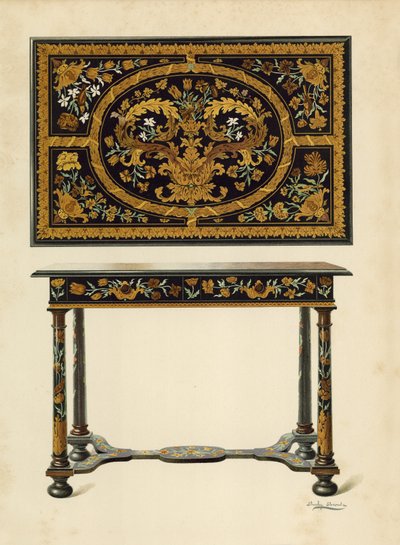 Mesa Incrustada com Marqueterie, propriedade de Lord Zouche de Haryngworth (cromolitho) de Shirley Charles Llewellyn Slocombe