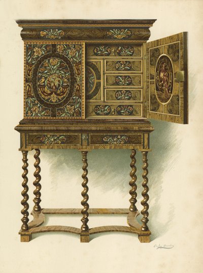 Armário de Noz Incrustado com Marqueterie, a propriedade de Hon Charlotte Maria Senhora Norte e R Eden Dickson (cromolitro) de Shirley Charles Llewellyn Slocombe