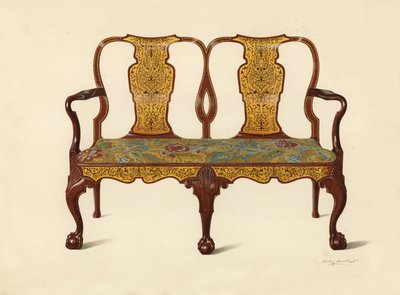 Canapé de nogueira incrustado com Marqueterie, propriedade de Percy Macquoid (chromolitho) de Shirley Charles Llewellyn Slocombe