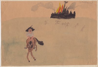 Garota a cavalo fugindo do forte flamejante, c1941. de Shirley Markham