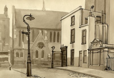 Poste de luz e igreja, c1951. de Shirley Markham