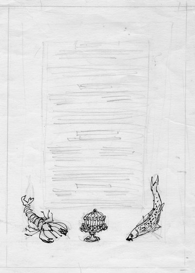 Lagosta, peixe e bolo, design de menu, c1950. de Shirley Markham