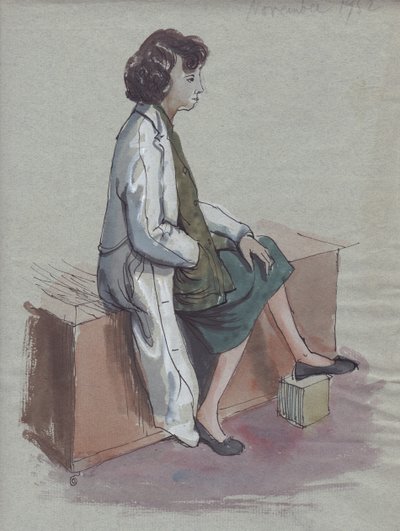 Mulher sentada de jaleco branco, 1952. de Shirley Markham