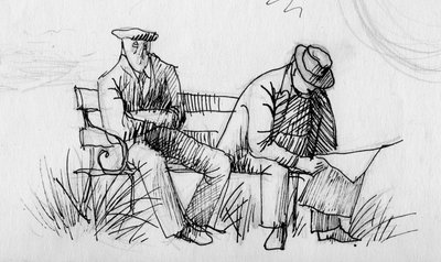Dois homens em um banco, c1950. de Shirley Markham