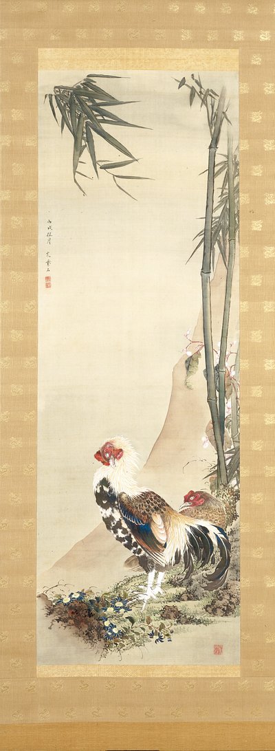 Galo e Galinha (tinta e cor sobre seda) de Shiseki So Kankaku