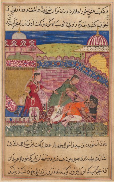 Página de Tales of a Parrot Tuti-nama: Oitava noite: A esposa enganadora ejeta..., 1558-1560. de Shravana