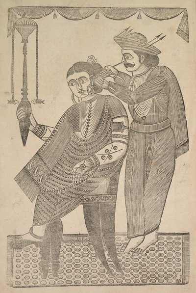 Um barbeiro limpando a orelha de uma cortesã de Shri Gobinda Chandra Roy
