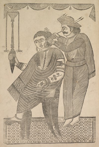 Um barbeiro que limpa a orelha de uma cortesã, de 1800. de Shri Gobinda Chandra Roy