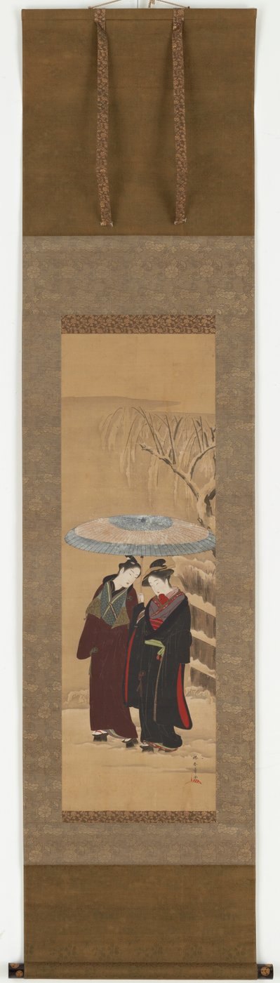 Uma menina e um homem andando na neve, meados do século XVIII. de Shunsho