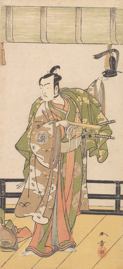 Arashi Sangoro como um samurai na varanda de uma grande casa, 1774 ou 1775. de Shunsho