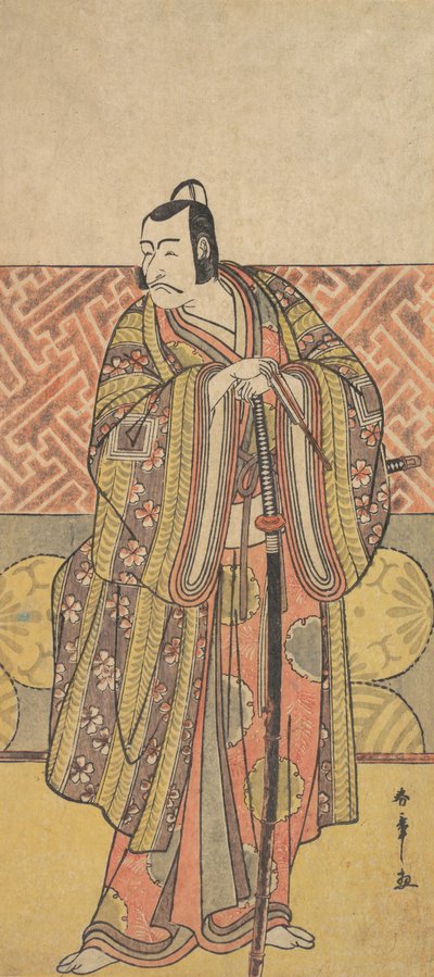 Ichikawa Danjuro V como Kudo Suketsune, ricamente vestido, apoiando-se em sua espada, final do século XVIII. de Shunsho