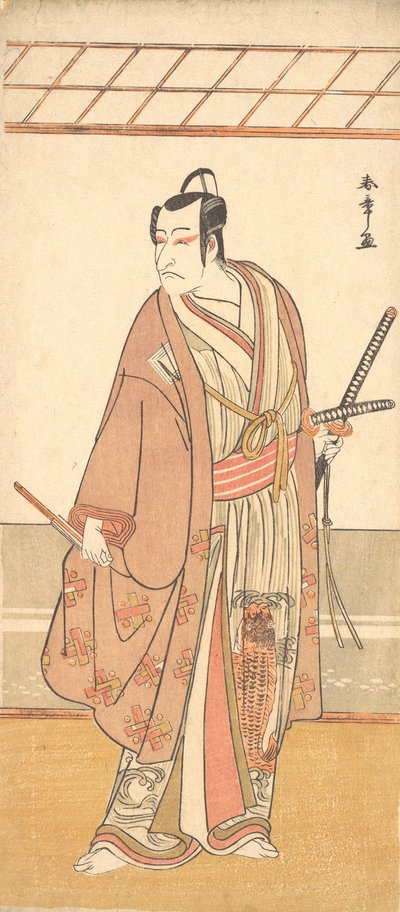 O ator Ichikawa Danjuro V como um samurai vestido com um casaco roxo Haori, ca. 1778. de Shunsho