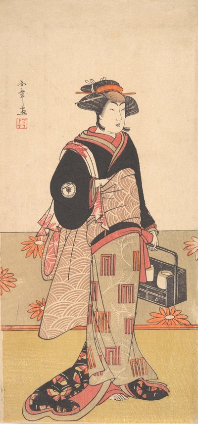 O ator Iwai Hanshiro IV como uma mulher em um quimono preto, ca. 1780. de Shunsho