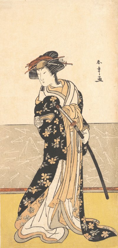 O ator Nakamura Riko, como cortesã com uma espada, ca. 1780. de Shunsho